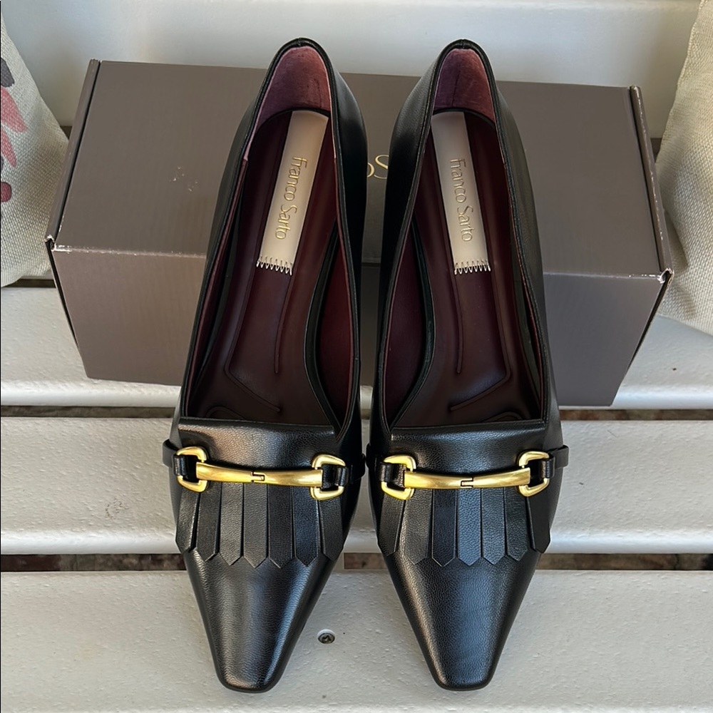 Franco Sarto Black and Gold Loafers with Gold Accent